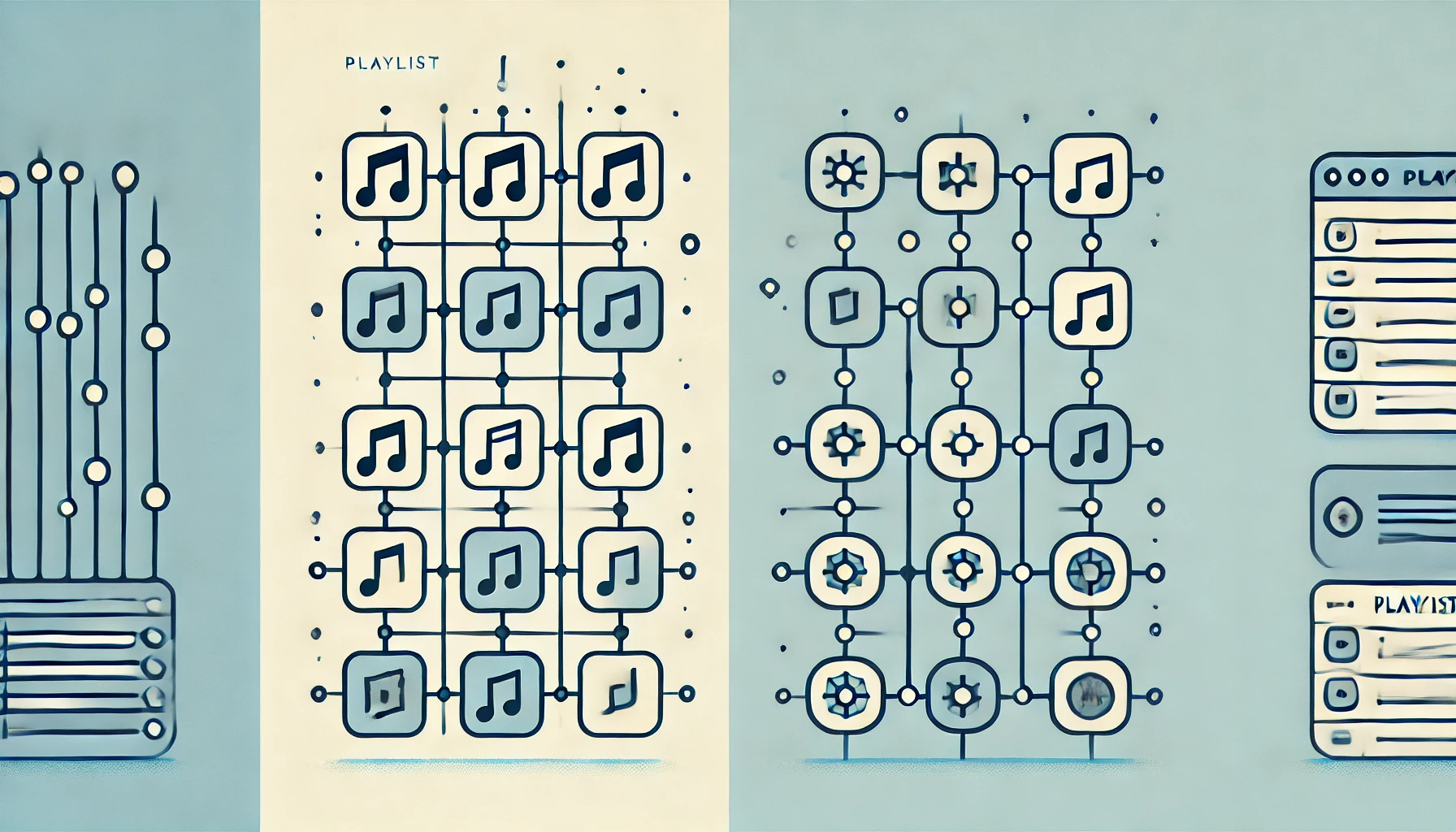 An illustration of a playlist concept with icons of songs in linked-list and array structures. On one side, show an array with squares or blocks arran